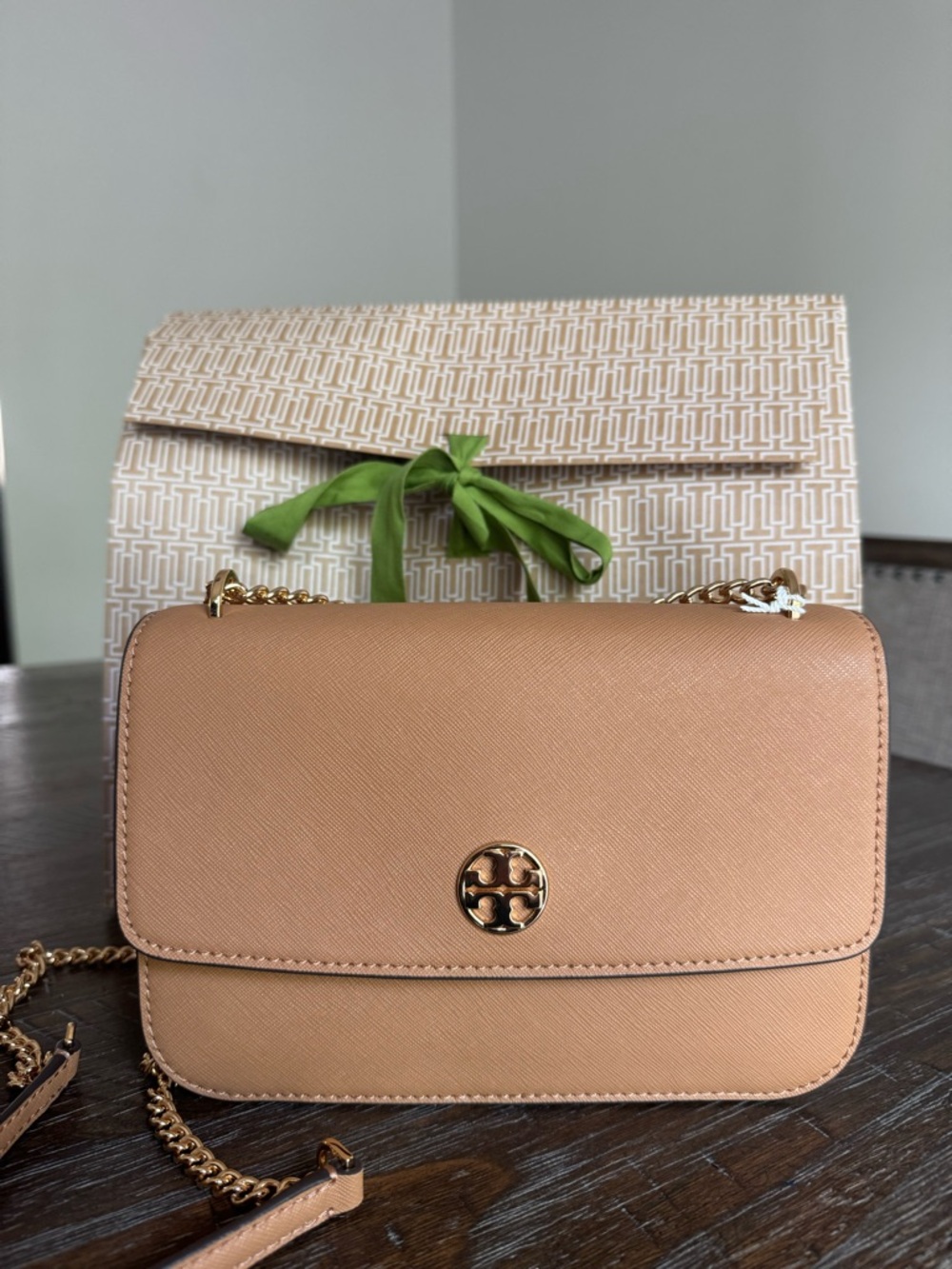 Tory Burch Cardamom/900 brown/tan Leather Chain Crossbody with Gold Logo